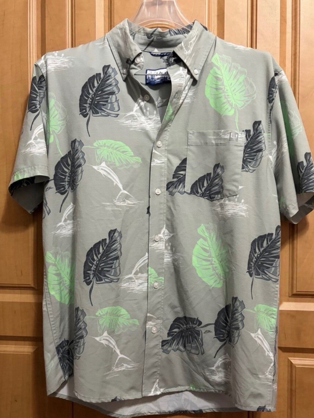 Huk Sage Green Short-Sleeve Tropical Leaf Button-Down Shirt